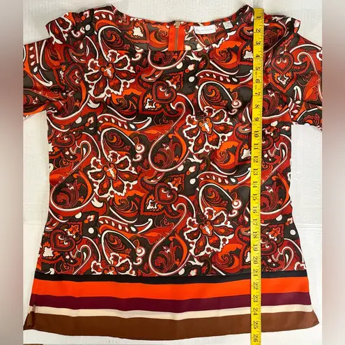 New York & Co. Orange Paisley Floral Stripe Tunic Blouse Exposed Zipper Med