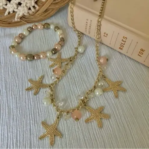 Periwinkle By Barlow Set Pearl Starfish Charm Pink Gold White Earrings Necklace Bracelet