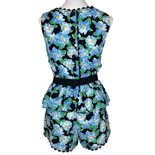 Unique Vintage Blue Cotton Floral Smocked Scalloped High Waisted Short Set Sz M