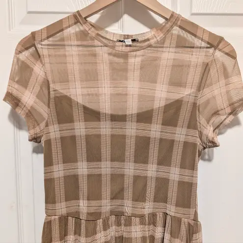 AUW Plaid Mesh Overlay Midi Dress L Sheer Neutral Check Y2K Fall Look Chic Tan Size L