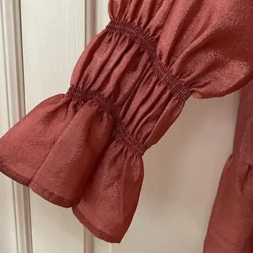 Stine Goya Daki Tiered Long Sleeve Hammered Satin Dress Size Small Embroidered Pink