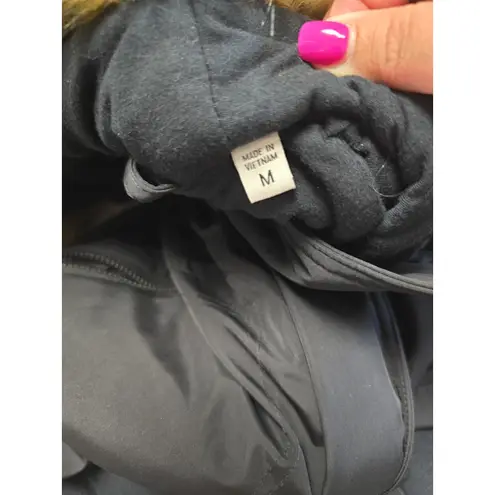 S13 New York Black Parka Jacket M Faux Fur Hood Warm Winter Coat 33" Long Flaw Size M