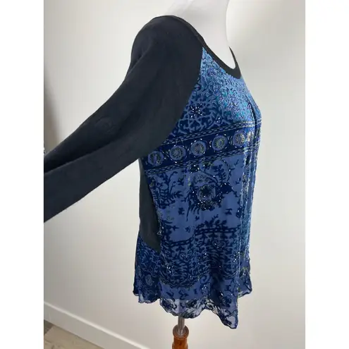 Hale Bob Women Blue Silk Black Knit Top Blue Floral Sheer Beaded Front Size Med