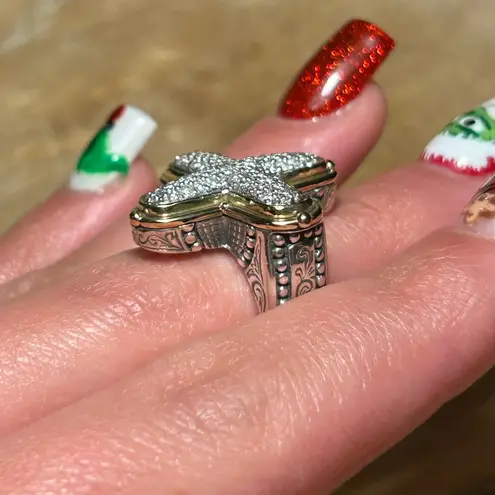 Konstantino 925 Sterling Silver & 18K Gold Diamond Pave Cross Ring RARE