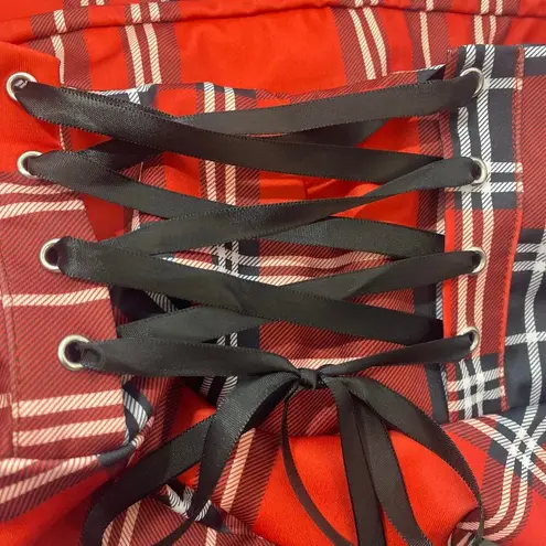 Red & Black Plaid Handkerchief Skirt Corset Tie Skirt women sz L Size L