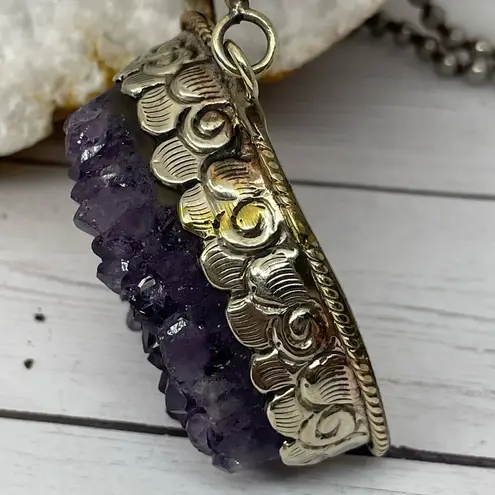 Amethyst Druzy Necklace with unique handcrafted carvings on a 4 mm 20” chain