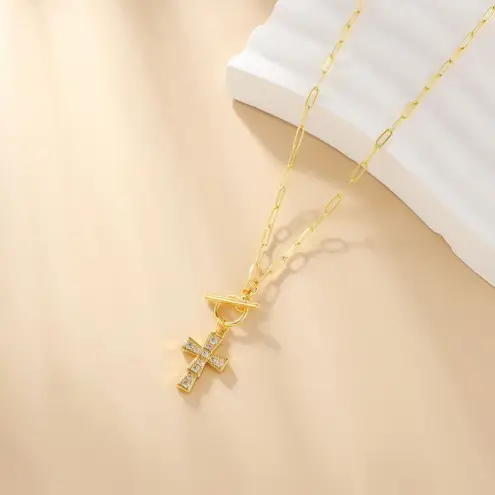 Boutique Diamond Cross Toggle Paperclip Necklace | 18k Gold Filled