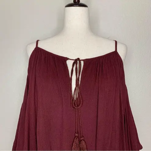 Sans Souci Boho Burgundy Cold Shoulder Tassels Bell Sleeves Top