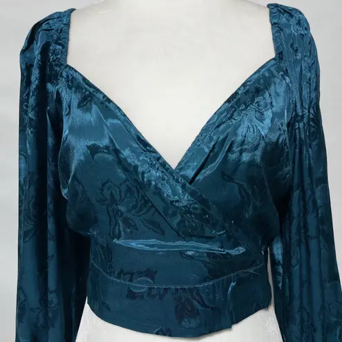 Band Of The Free New Floral Faux Wrap Long Sleeve Crop Top Deep Teal Size Medium