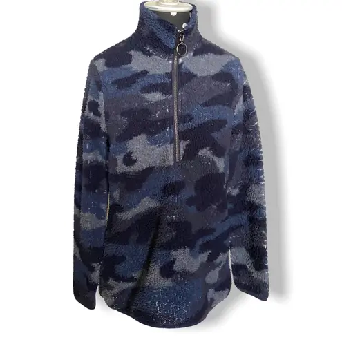 Como Womens Juniors Pullover Sz Small Blue Fleece Sherpa Teddy Camo Quarter Zip