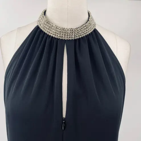 Vintage 90s Jumpsuit Embellished Rhinestone Choker Keyhole Neck Flared Leg Black Size M