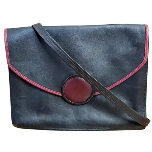 Vintage Black Leather Red Trim Envelope Satchel Bag