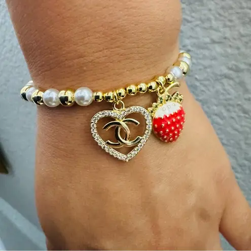 Gold and White Pearl Bracelet with Heart and Strawberry Charms Adjustable