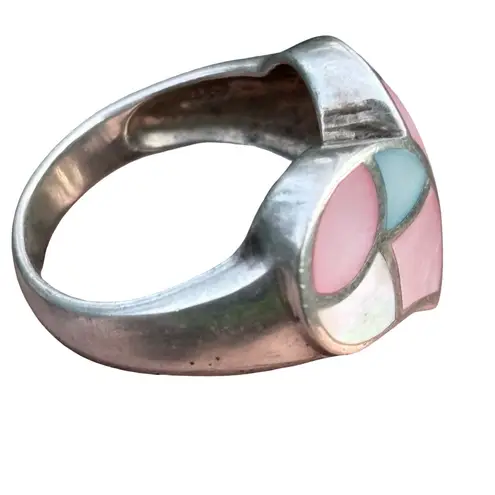 Southwestern Sterling Silver Multicolor Mother Of Pearl Heart Mosaic Ring size 9 Pink