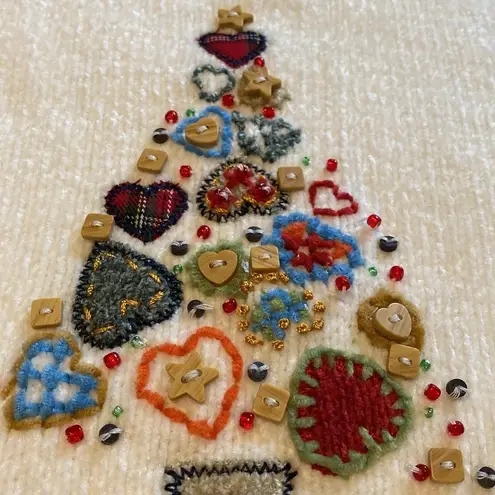 Alfred Dunner Cream Chenille Christmas Tree Appliqué Embellished Sweater PXL