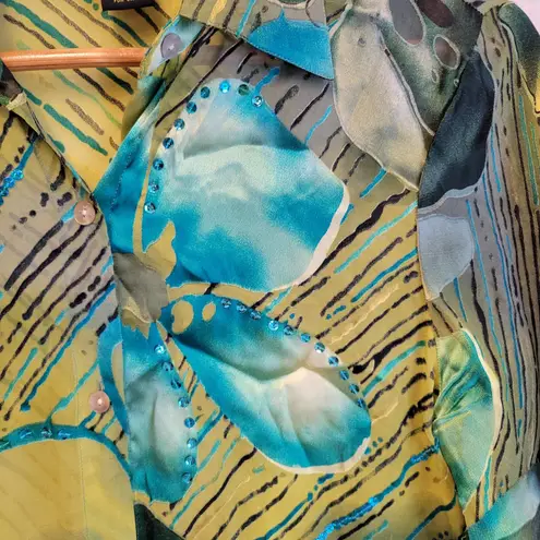 Vintage Burnout Velvet Silk Top Button Sequins Artsy Floral Abstract Size S