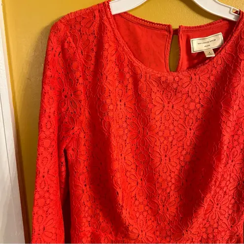 Moulinette Soeurs cotton, nylon blend lace overlay tailored blouse, orange, sz 4
