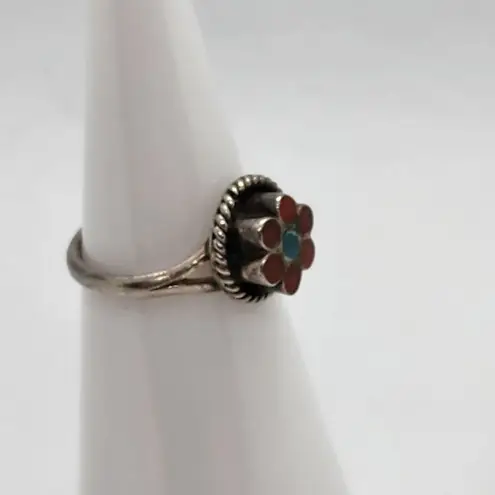 Vintage Southwestern Sterling Silver Turquoise & Coral Flower Ring (4.25) Red