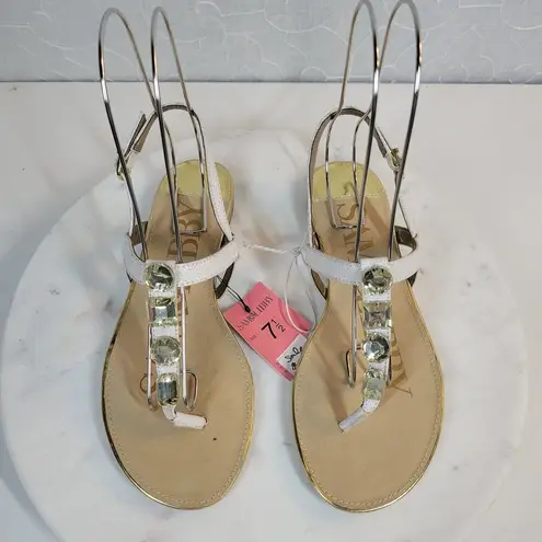 Sam & Libby Womens Sandals 7.5 White Faux Leather T-Strap Jeweled Flat Thong NEW