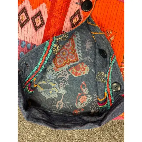 Flashback Art to Wear REVERSIBLE Colorful Floral Festival Jacket Boho Patchwork Blue Size M