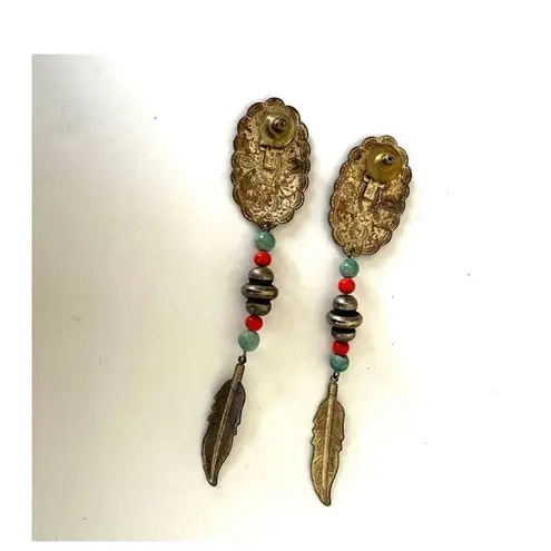 Silver tone long beaded feather earrings