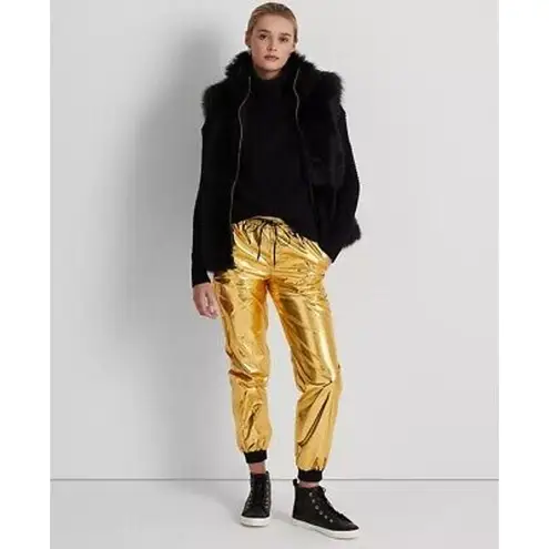 NEW Lauren Ralph Lauren Metallic Taffeta Jogger Pant Gold Black Size 2 $225 Bold