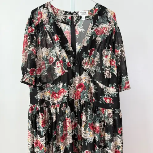Unique Vintage Black Floral Maxi Dress Flutter Sleeve sz 3X Cottage Witchy