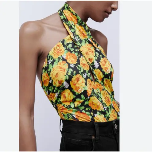 ZARA NWT   Twist Neck Floral Halter Top Bodysuit Small