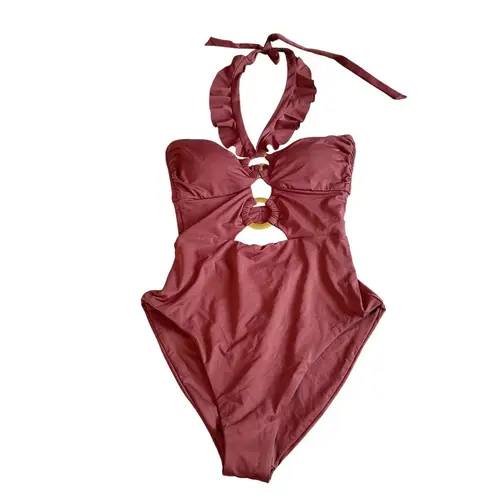 Soluna Swim Standard Buckle Up One Piece Bandeau Swimsuit Large Bronze Brown