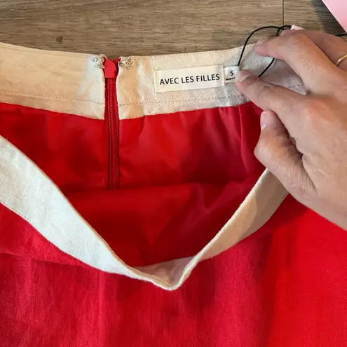 Avec Les Filles NWT Linen Crop Top + Mini Skirt Set in Vermillion Ivory, Size S