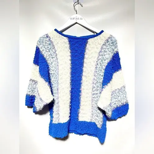 Vintage Acrylic Nubby Bubble Sleeve Sweater Blue White Lilac Large