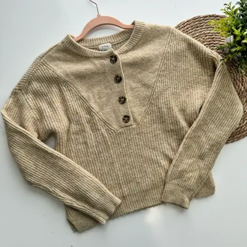 a.n.a  Beige Henley Oversized Knit Sweater Size XS