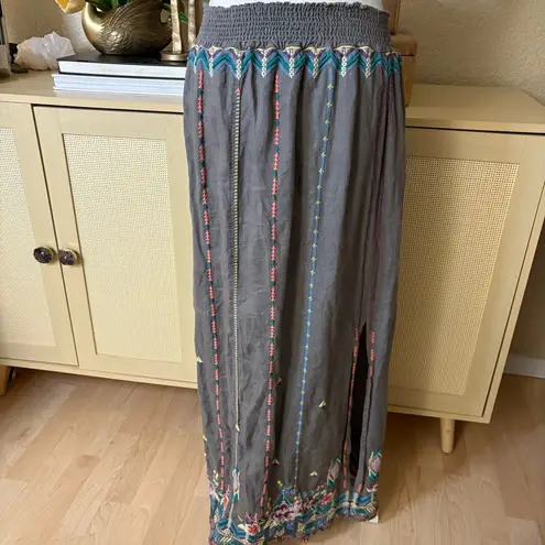 Johnny Was Grey Embroidered Linen Smock Maxi Skirt Slit Bohemian