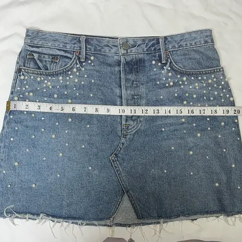 Milla Embellished Crystal & Pearls Raw Hem Frayed Mini Denim Skirt Jean Skirt in Solstice Blue Size M