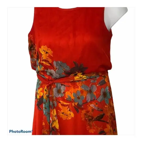 MSK Blouson Red Floral Belted Maxi Dress Size 8 Ankle Length Sleeveless