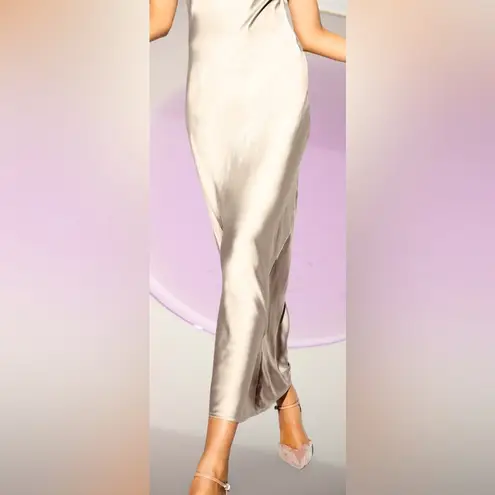 NWTS🌹THE OCCASION L🌹ELITE LINE SLEEK CHAMPAGNE SATIN DRAPED FRONT OPEN BACK MAXI Silver Size L