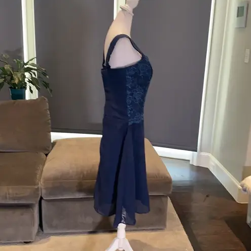 Women’s Navy Tea Length Formal Wedding Dress with Matching Jacket Size 12 NWOT Blue