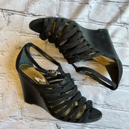 Ralph Lauren Lauren  Black Suede Strappy Wedge Heels Sandals 7