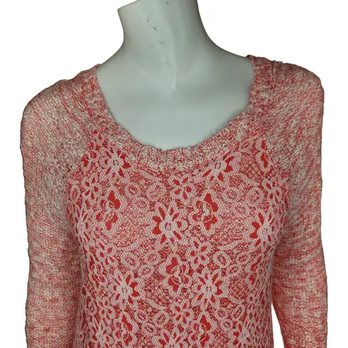 Cloud Chaser Size Large Pink White Open Knit Floral Lace Long Sleeve Sweater