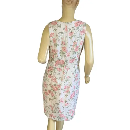 Sag Harbor VINTAGE 1990'S PETITE BEIGE, PINK & GREEN FLORAL PRINT DRESS (12P)