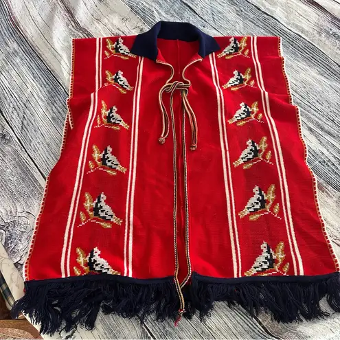 Vintage Red Fringed Women's Poncho Shawl Vest Size undefined