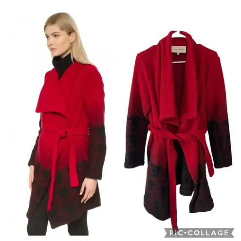 Cupcakes & cashmere 'Brighton' Houndstooth Wrap Coat Wool Belted Size Small Cozy Red