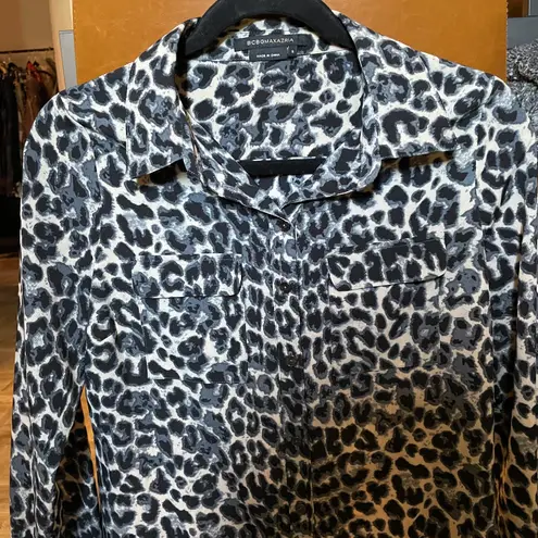 BCBGMAXAZRIA Grey Leopard Print Button Up Top