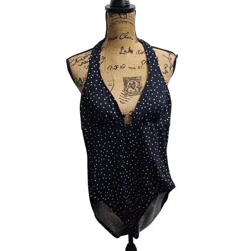 Polka Dot One Piece Swimsuit Halter Top Padded Cups Navy Blue Size M