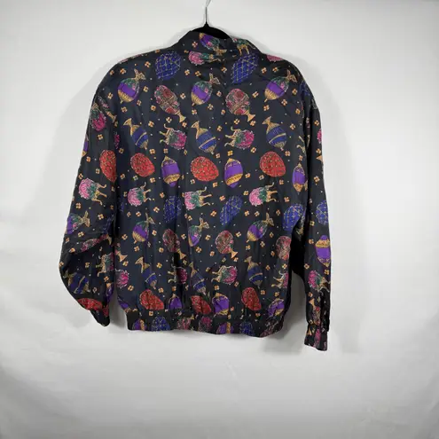 Rhoda Lynne Vintage Silk Bomber Jacket Novelty Print Easter Eggcore Small Black