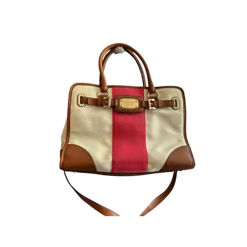 Michael Kors Michael Kors Hamilton Stripe Satchel Bag Ivory Red Brown Leather Trim