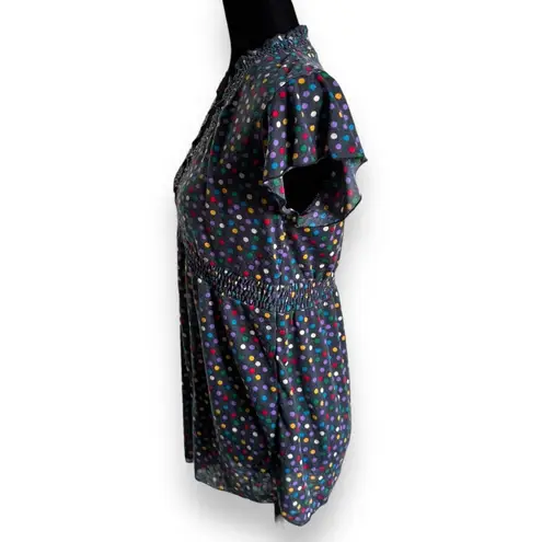 julie's closet Womens Top Sz L Maternity Gray Colorful Polka Dots Knit Ruffles