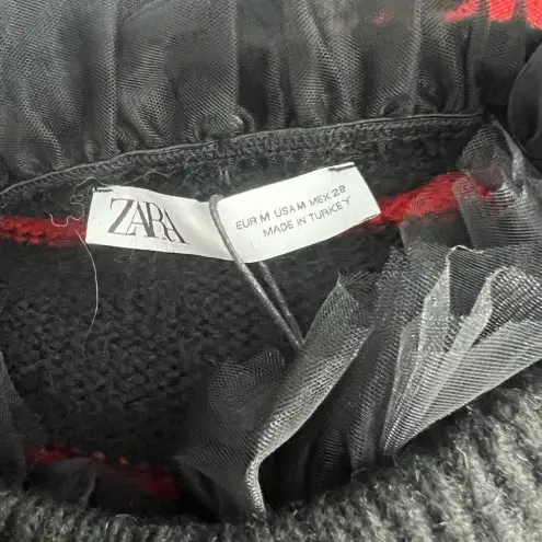 ZARA  Striped Sweater with Tulle Neck Red‎ Black Size Medium