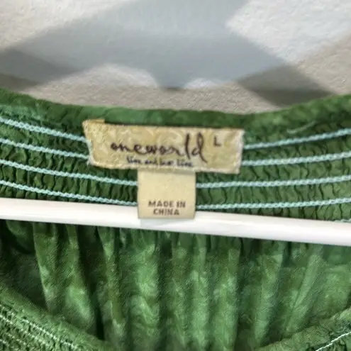 One World Green Tie Dye Embroidered Peasant Blouse Top Size L