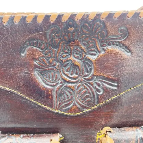 Vintage Tooled Leather Purse Made in Syria Brown Shoulder Bag Western Boho